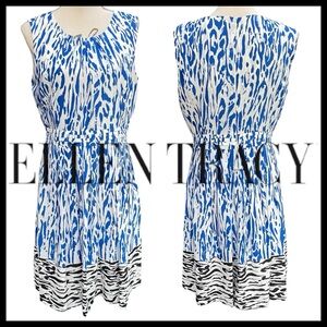 Ellen Tracy Blue/White/Black Zebra Scoop Neck Sleeveless Blouson Dress (10)